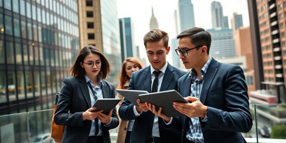 Young professionals discussing finance in a modern office setting.