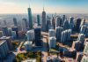 Aerial view of modern cityscape with real estate developments.