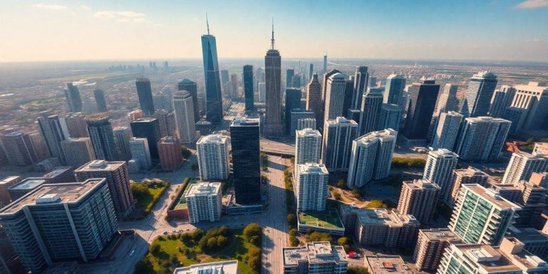Aerial view of modern cityscape with real estate developments.