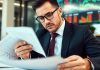 Business professional reviewing investment strategy in modern office.
