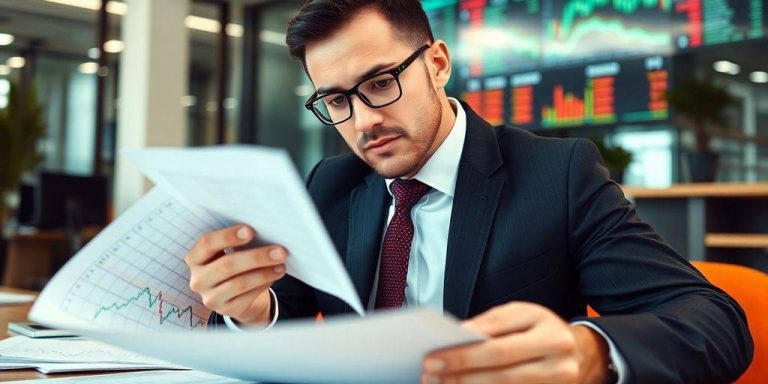 Business professional reviewing investment strategy in modern office.