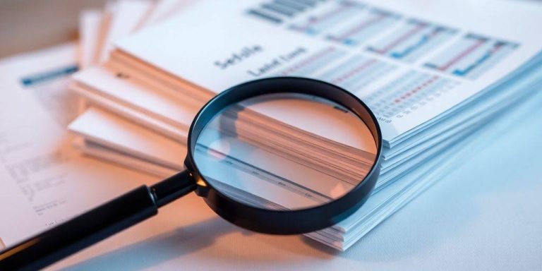 Magnifying glass over financial reports for hedge fund analysis.