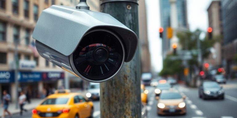 Traffic camera overlooking a busy New York City street.