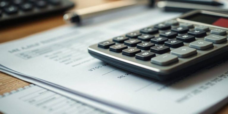 Calculator and financial documents on a desk.