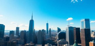 Skyscrapers in a financial district under sunny skies.