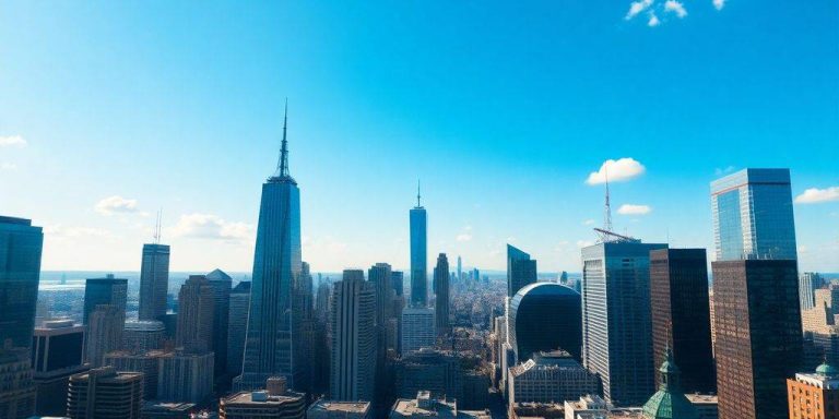 Skyscrapers in a financial district under sunny skies.