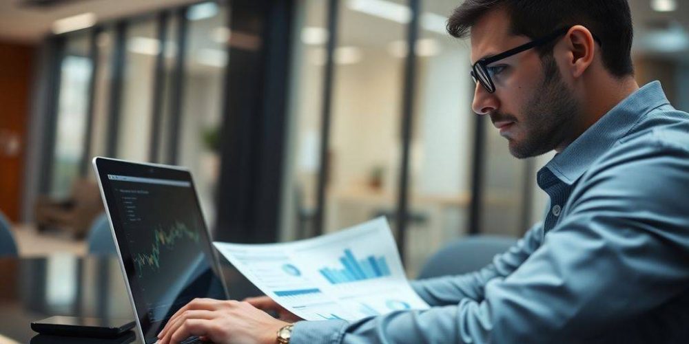Hedge fund analyst reviewing financial data in an office.