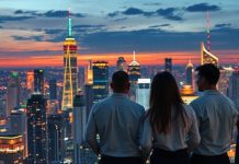 Global city skyline at dusk with diverse individuals discussing.