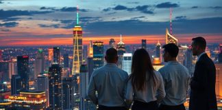 Global city skyline at dusk with diverse individuals discussing.