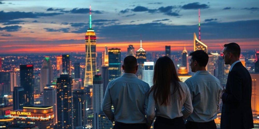 Global city skyline at dusk with diverse individuals discussing.