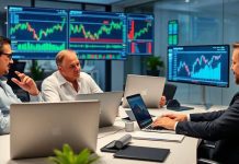 Brokers collaborating in a sleek financial office setting.