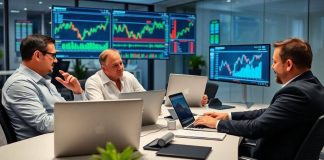 Brokers collaborating in a sleek financial office setting.