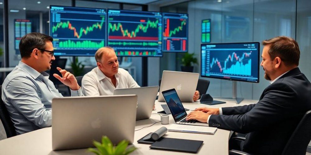 Brokers collaborating in a sleek financial office setting.