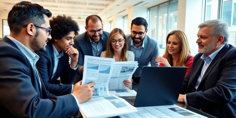 Group of investors discussing financial insights in a modern office.
