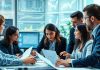 Finance professionals collaborating on hedge fund strategies in office.
