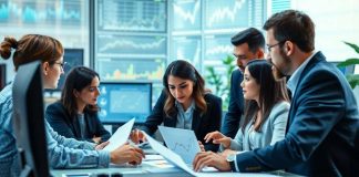 Finance professionals collaborating on hedge fund strategies in office.