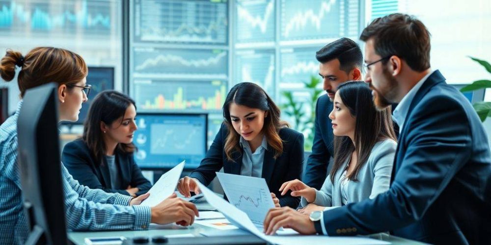 Finance professionals collaborating on hedge fund strategies in office.