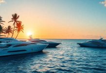 Luxury yachts and palm trees in Palm Beach, Florida.