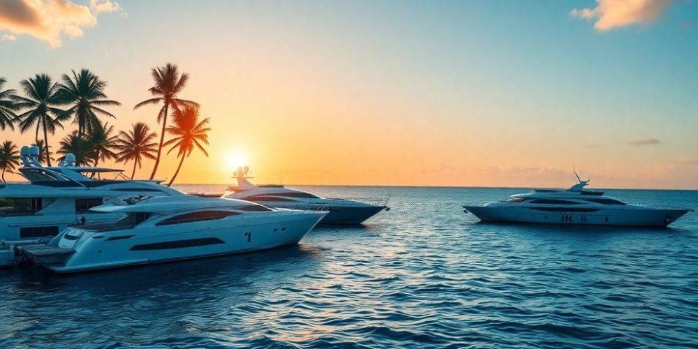 Luxury yachts and palm trees in Palm Beach, Florida.
