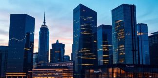 Dynamic skyline of a financial district at twilight.