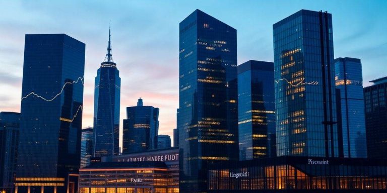 Dynamic skyline of a financial district at twilight.
