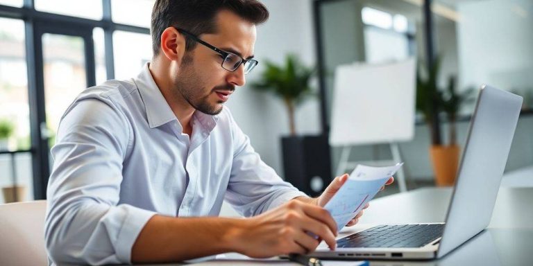 Investor analyzing financial data in a modern workspace.