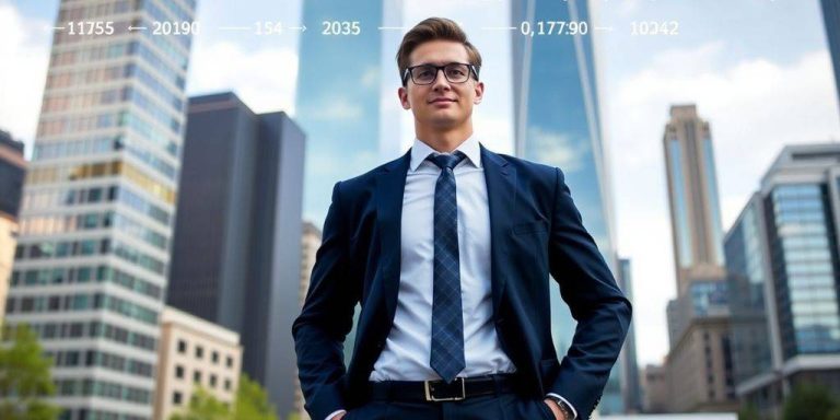 Professional in business attire against an urban skyline.