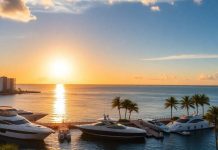 Coastal view of Palm Beach with yachts and palm trees.