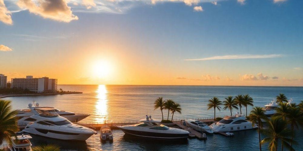 Coastal view of Palm Beach with yachts and palm trees.