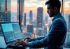 Data scientist working on financial analytics in cityscape.
