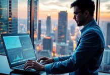 Data scientist working on financial analytics in cityscape.