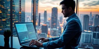 Data scientist working on financial analytics in cityscape.