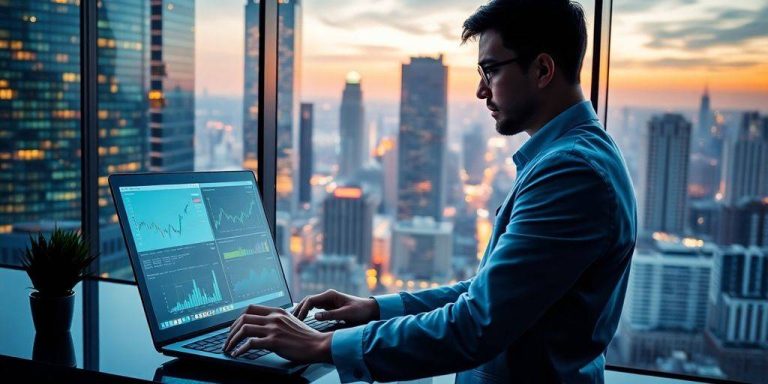 Data scientist working on financial analytics in cityscape.