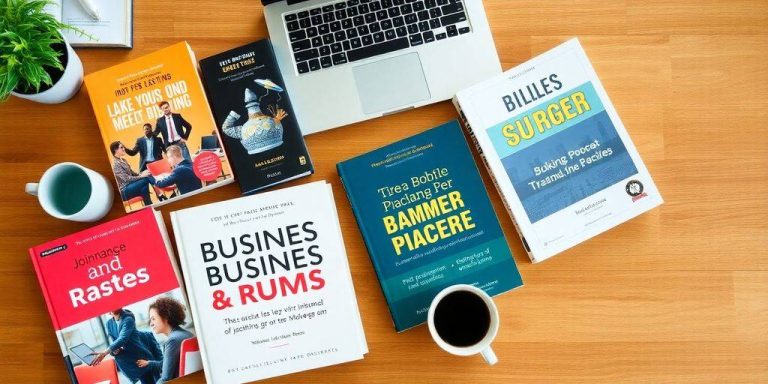 Flat lay of business books and workspace items.