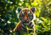 A tiger cub in a vibrant jungle environment.