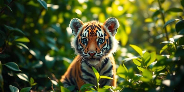 A tiger cub in a vibrant jungle environment.