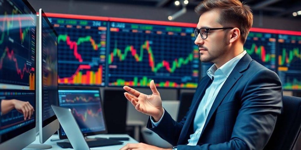 Hedge fund manager analyzing data in a modern office.