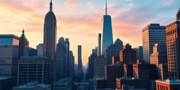 New York skyline with financial buildings and urban atmosphere.