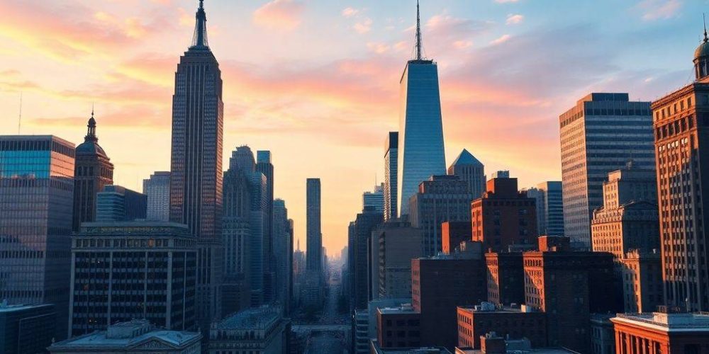 New York skyline with financial buildings and urban atmosphere.