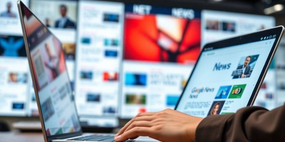 Journalist working with Google News on a laptop.