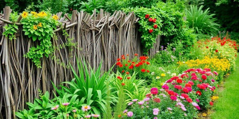 A garden with a rustic dead hedge and colorful flowers.