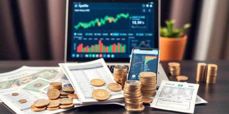 Diverse investments on a desk with a laptop open.