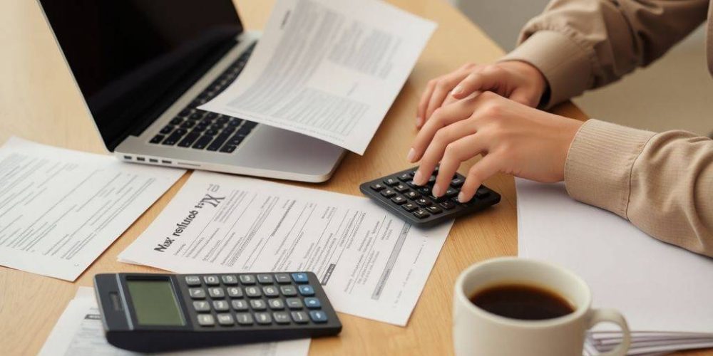 Person reviewing tax documents and laptop for refund status.