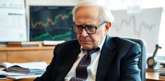 Warren Buffett deep in thought in his office.