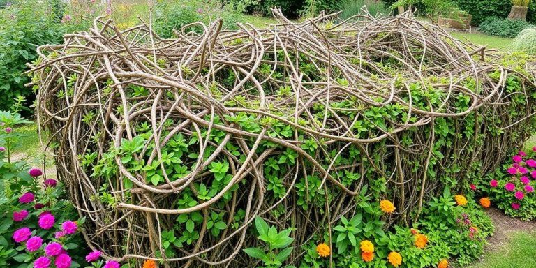 A lush garden with a constructed dead hedge.