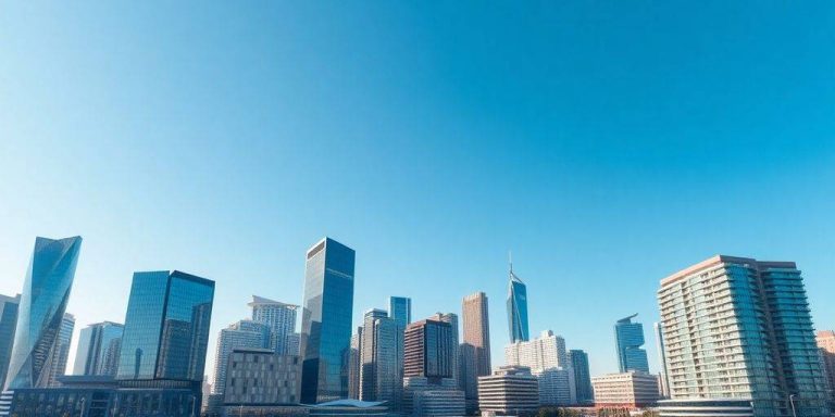 Modern skyline with innovative real estate developments.