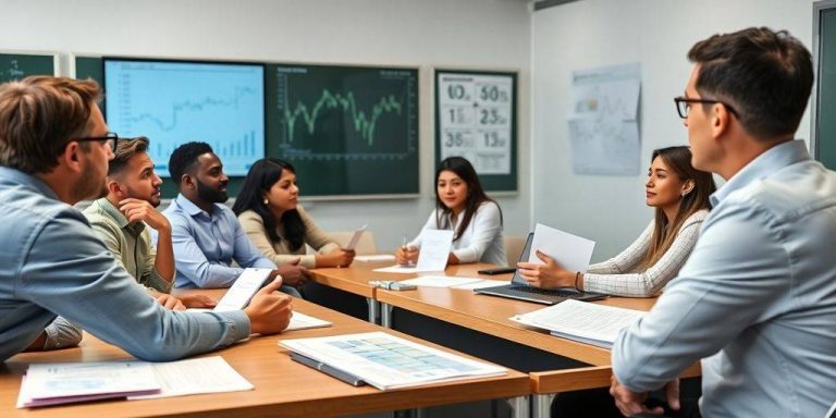 Students learning hedge fund management in an engaging classroom.