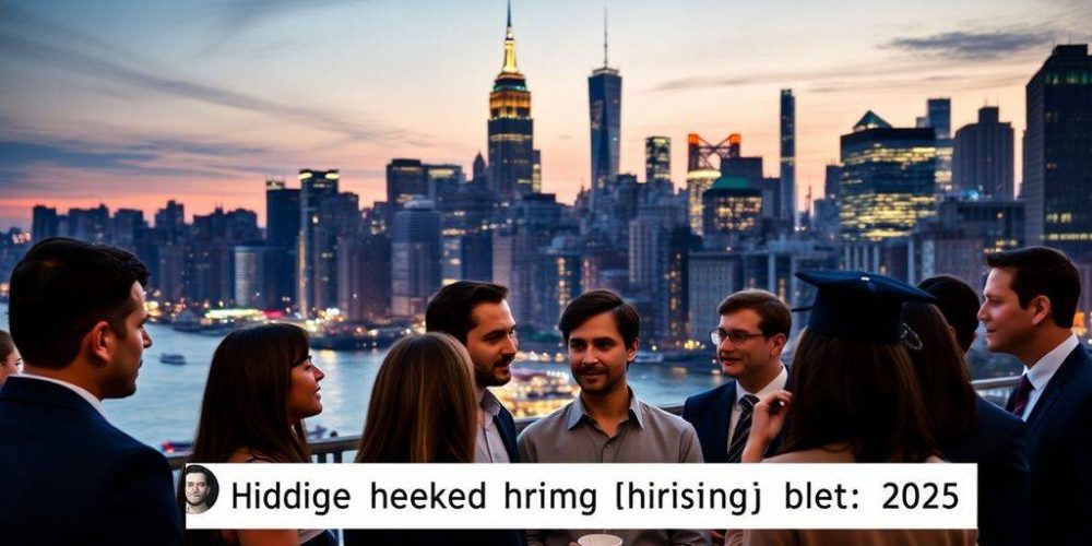 New York City skyline with professionals in business attire.