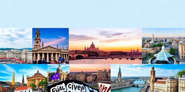 Collage of European news images with landmarks and events.