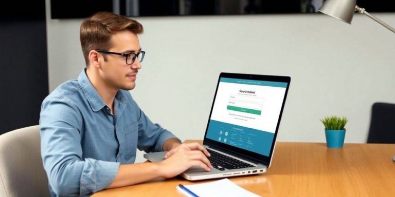 Person logging into NY.gov on a laptop at desk.